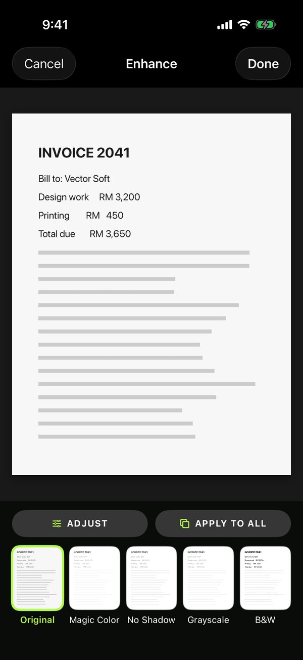 The Enhance screen: an invoice page with the Original, Magic Color, No Shadow, Grayscale and B&W filters below it.