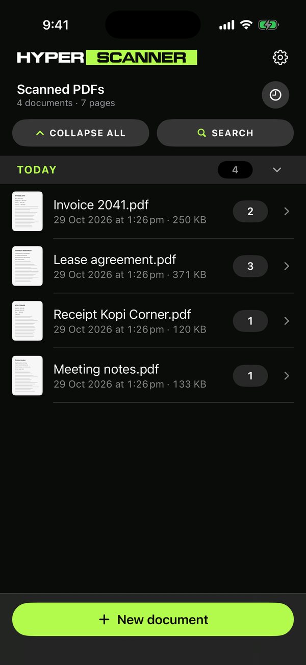 The HyperScanner library: scanned PDFs listed under Today with their page counts and file sizes, and a lime New document button.