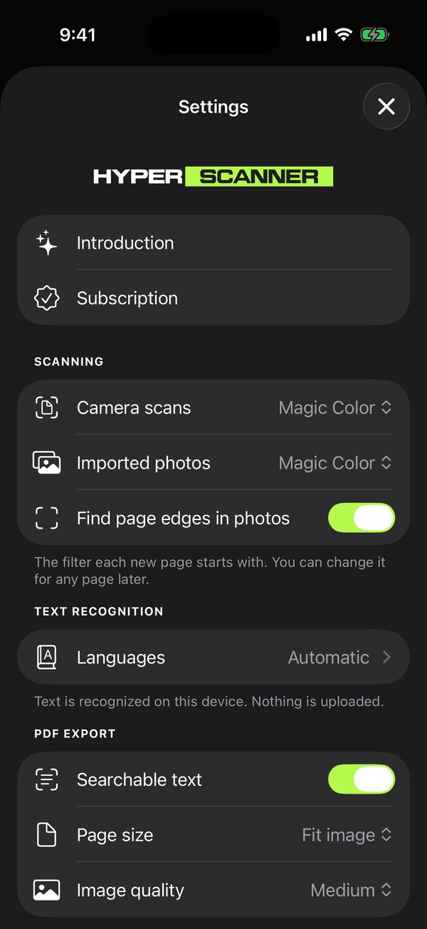 HyperScanner settings: scanning filters, text recognition languages with the note that text is recognized on this device and nothing is uploaded, and PDF export options.